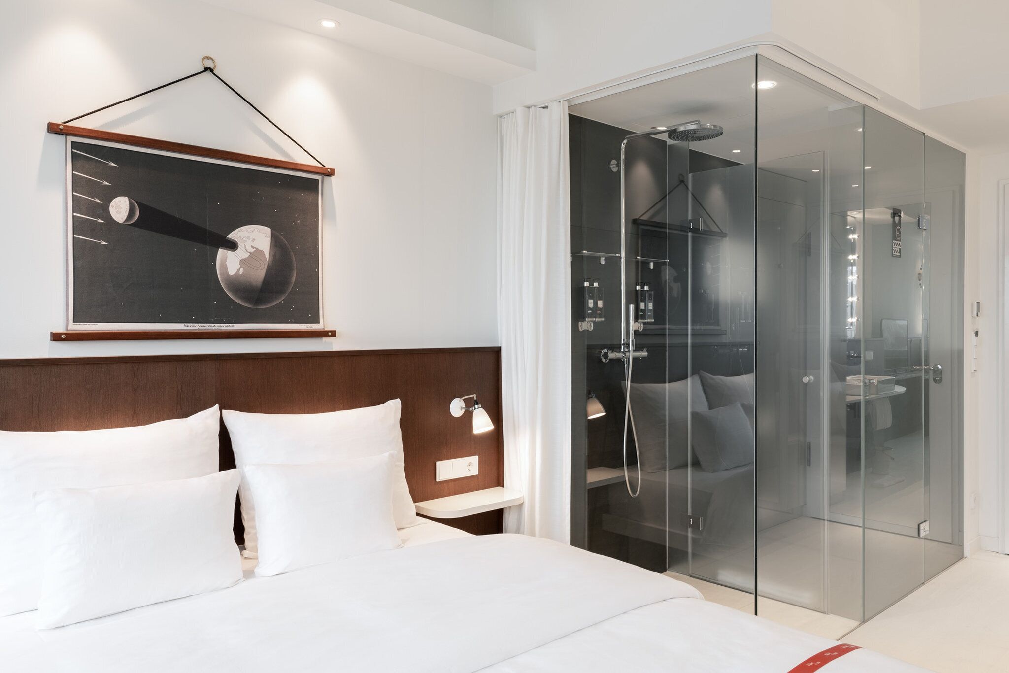 Shower, rainfall showerhead, designer toiletries, hair dryer