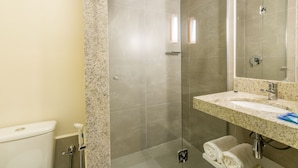 Une salle de bain moderne avec une douche à parois de verre, un lavabo sur un plan de travail en granit et un grand miroir.