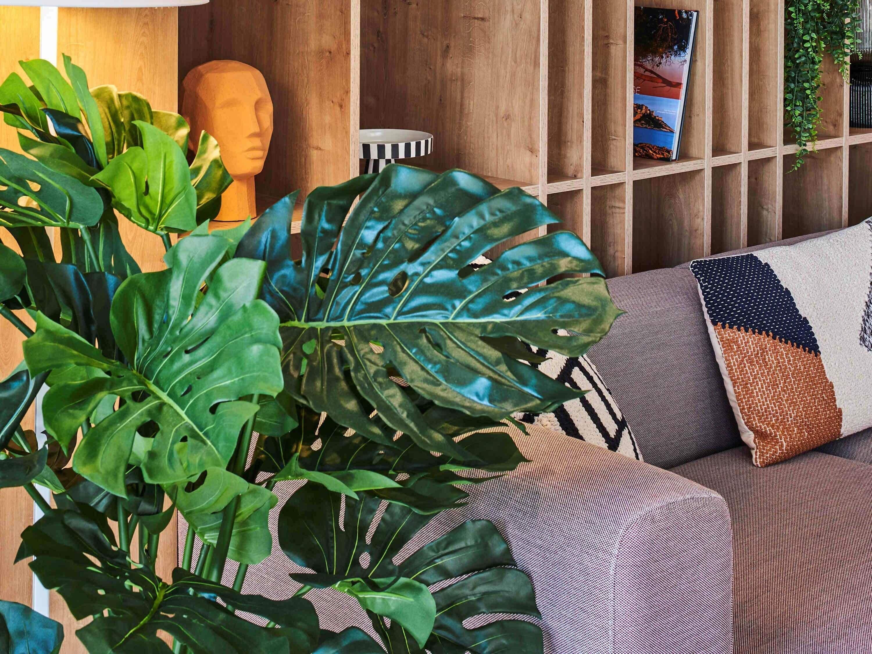 A room with a wooden wall, a sofa with patterned cushions, and large green plants.