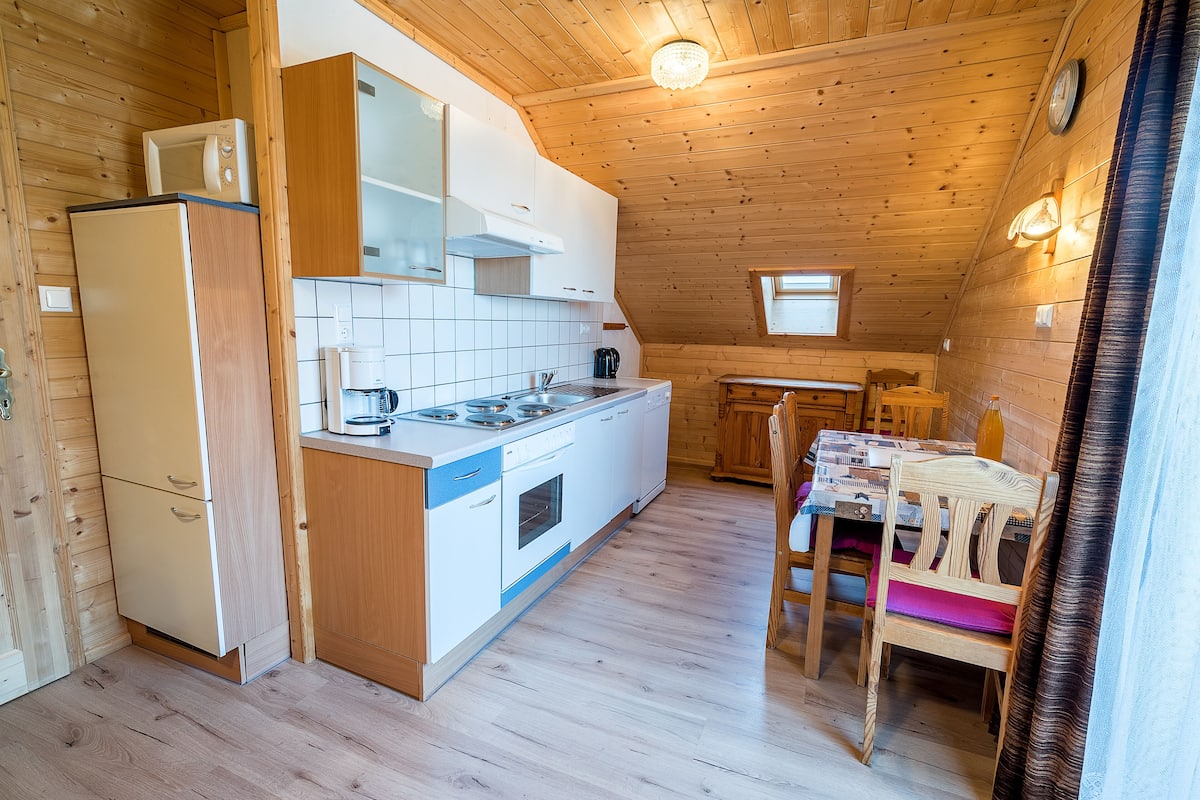 Apartment, 1 Bedroom, Balcony (Sonnenschein) | Private kitchen | Fridge, microwave, oven, stovetop