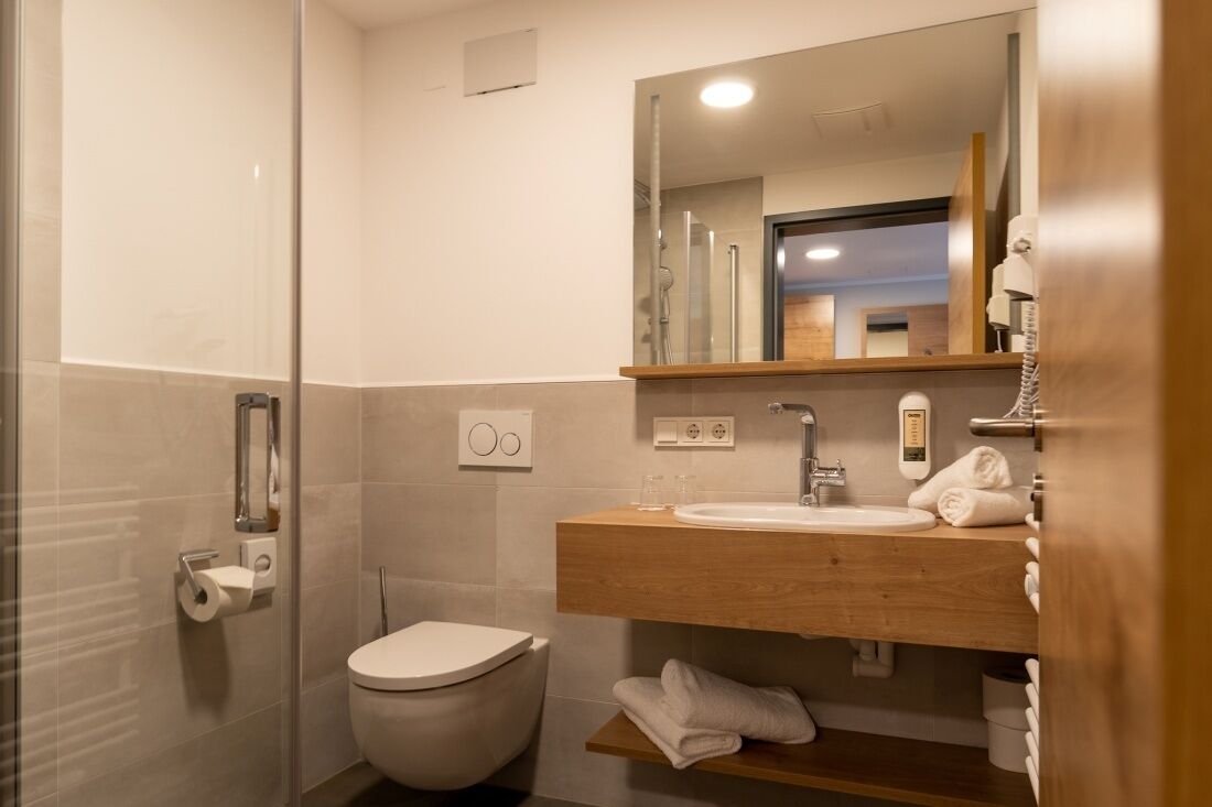 comfort double room (with loggia) | bathroom | shower, hair dryer, towels