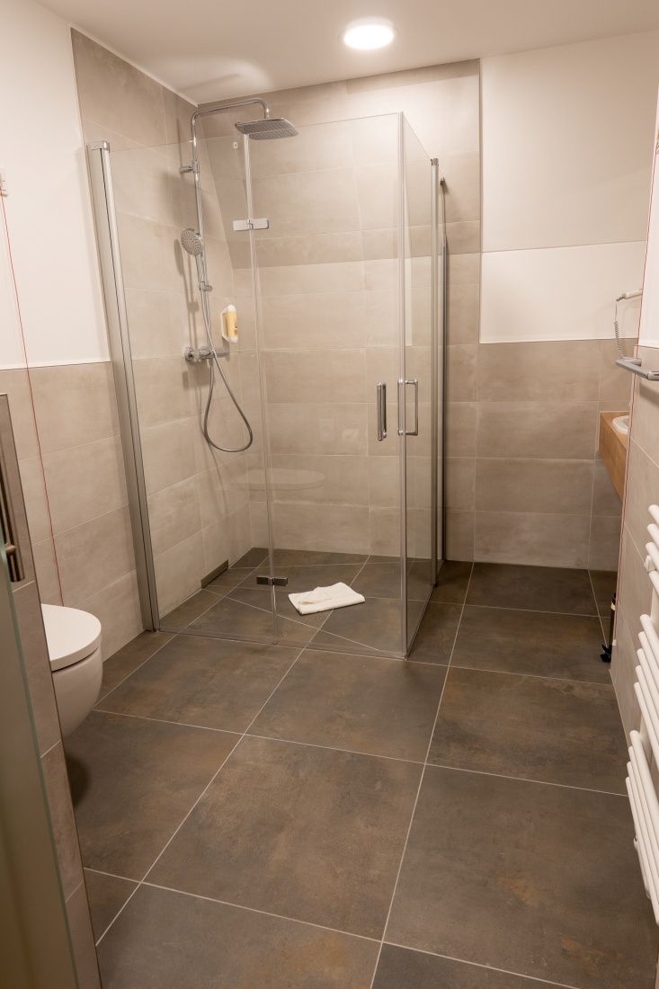 A modern bathroom with a glass-enclosed shower, a toilet, and a vanity with a mirror.