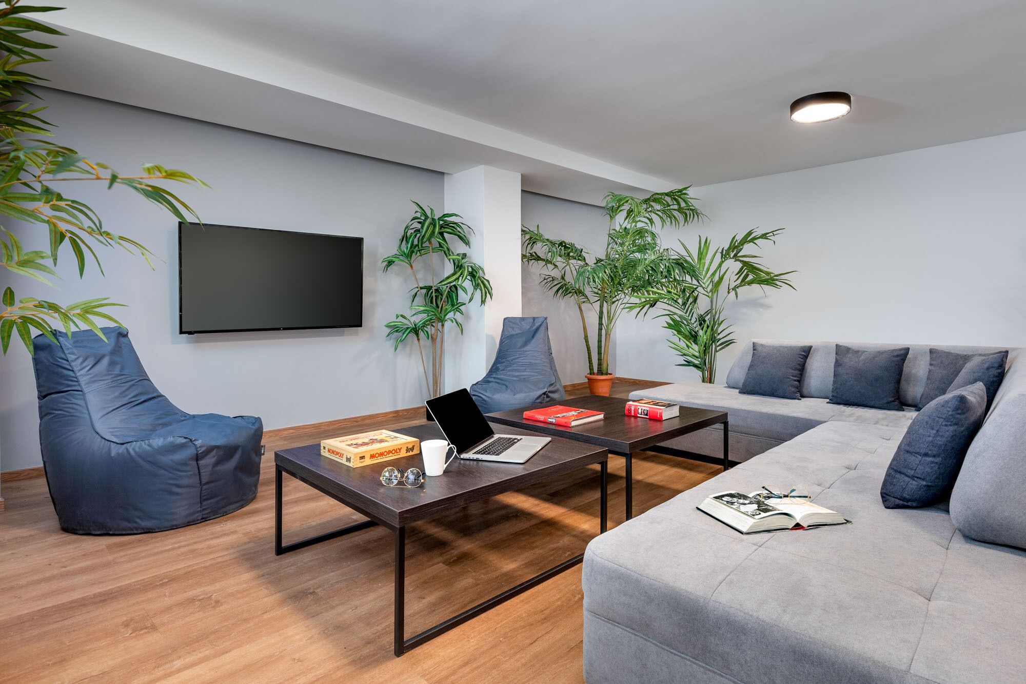 A modern living room with a grey sofa, blue armchairs, a coffee table, and a flat-screen TV mounted on the wall.