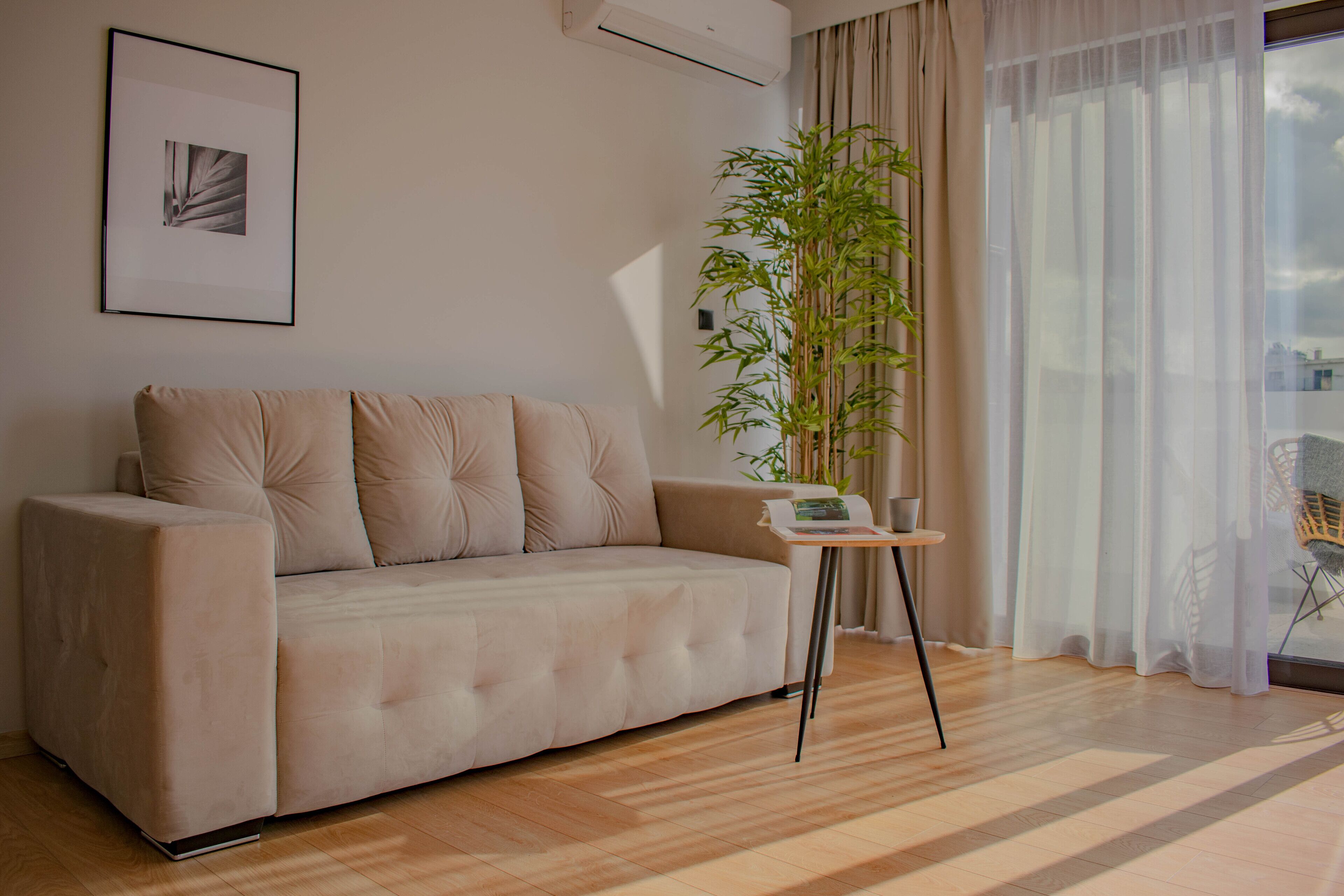 A modern living room with a beige sofa, a bamboo plant, and a small table with a magazine.