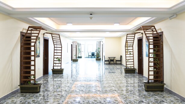 A hallway with a marble floor, wooden lattice screens, and potted plants. - Dabi Hotel & Apartments (Addis Ababa)