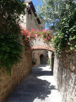 Ein schmaler Steinweg, der von Mauern mit Kletterpflanzen und Blumen gesäumt wird. Eine geböschte Steinbrücke überspannt den Weg.