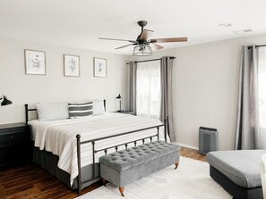 3 bedrooms, memory foam beds, desk, iron/ironing board