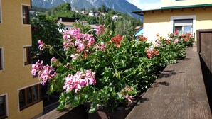 Un balcó amb flors roses, baranes de fusta i una vista a les muntanyes al fons.