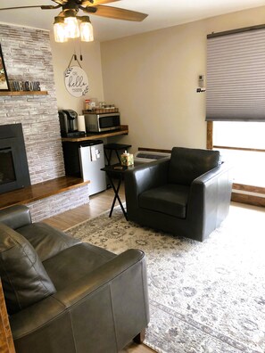 Smart TV, fireplace, books