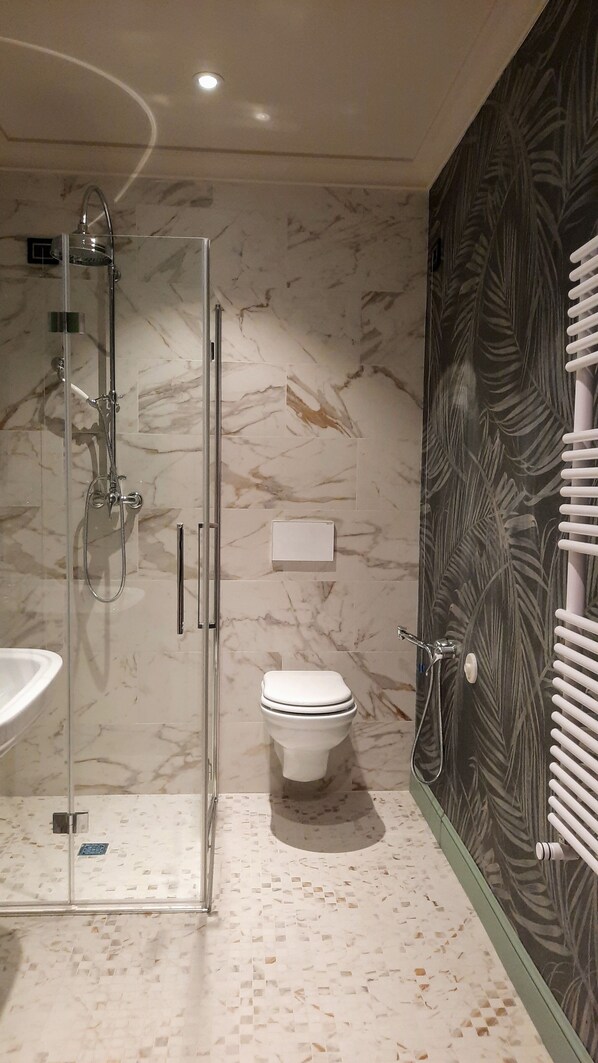 A modern bathroom with a glass-enclosed shower, a toilet, and a sink.