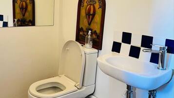 A bathroom with a white toilet, a sink with a chrome faucet, and a mirror.