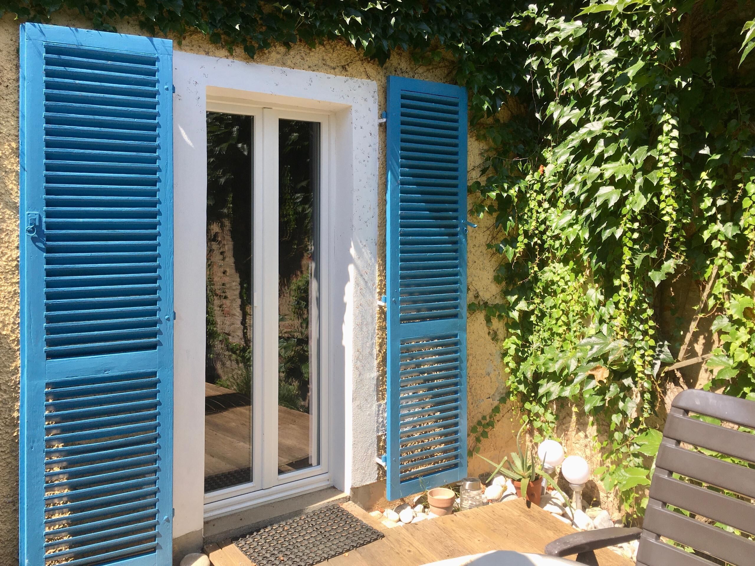 A door with blue shutters, a white door frame, and a view of greenery outside.