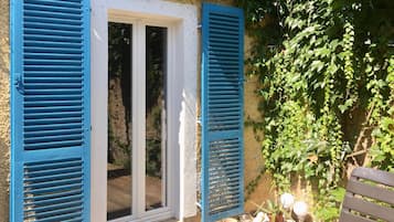 A door with blue shutters, a white door frame, and a view of greenery outside.