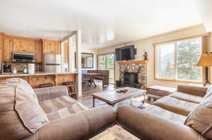 Cozy living area with a modern kitchen, comfortable seating, and a stone fireplace.