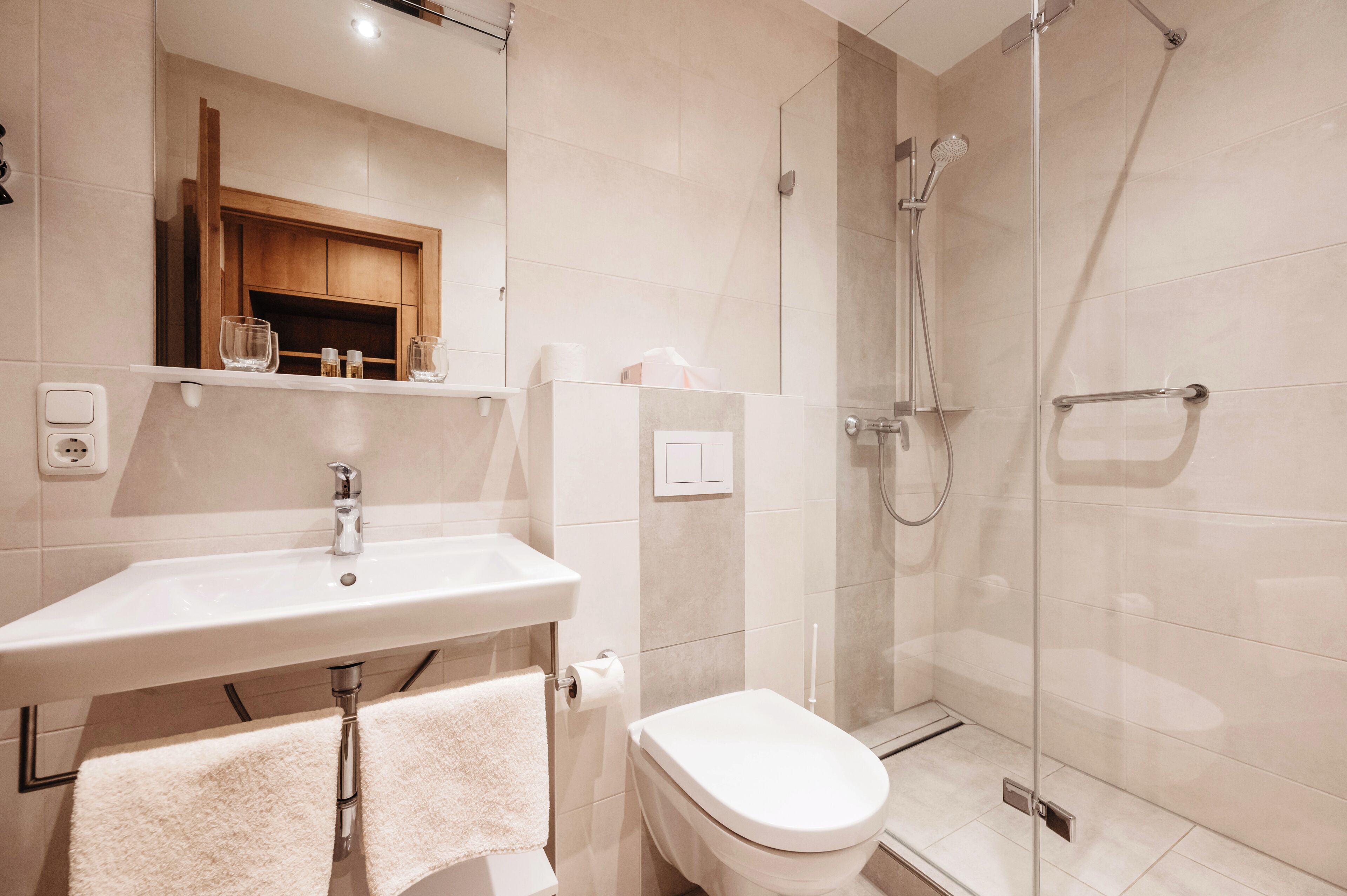 Shower, hair dryer, towels