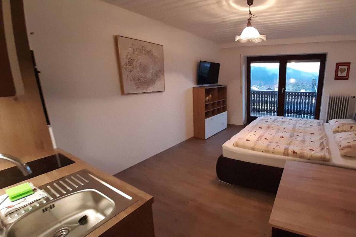 A bedroom with a bed, a television, a window, and a balcony.