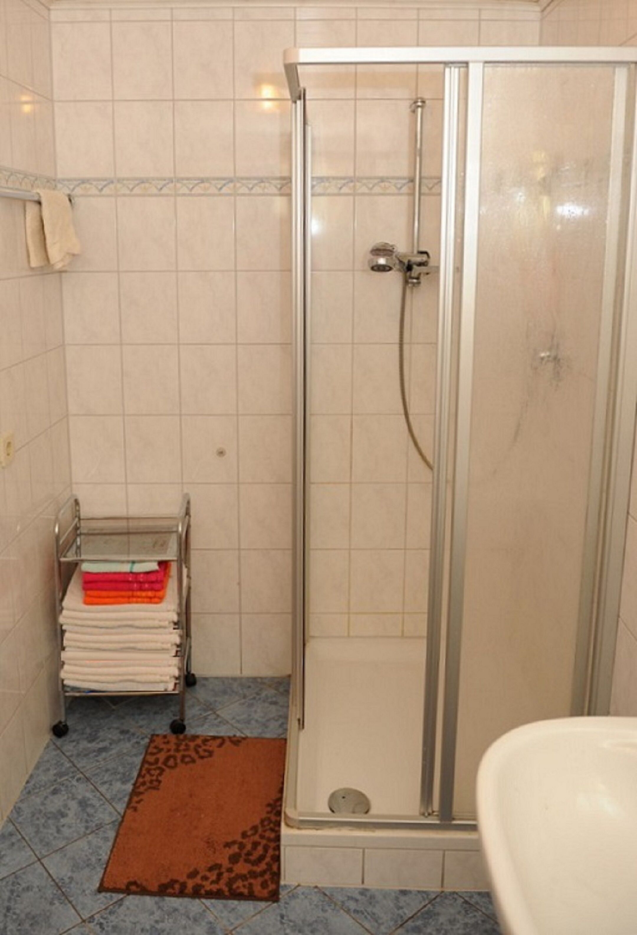 A shower with a glass door, a towel rack with folded towels, and a leopard print rug on the floor.