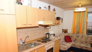 A compact kitchen with wooden cabinets, a sink, a stove, and a coffee maker. There is a sofa with a patterned cover and a red pillow in the living area. - Woferlhof Ferienhof Boxhorn (Böbrach)