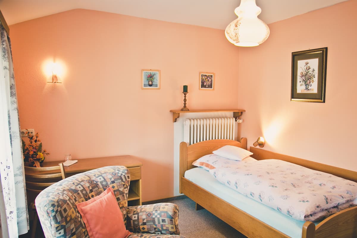 A bedroom with a single bed, a chair, a desk, and a radiator.