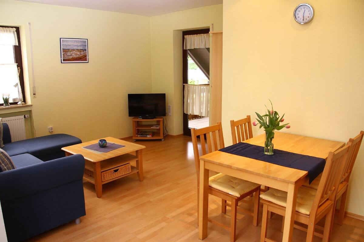 A living room with a sofa, a TV, a dining table with chairs, and a clock on the wall.