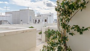 Una terraza en la azotea con edificios blancos, cielo despejado y una planta en flor.