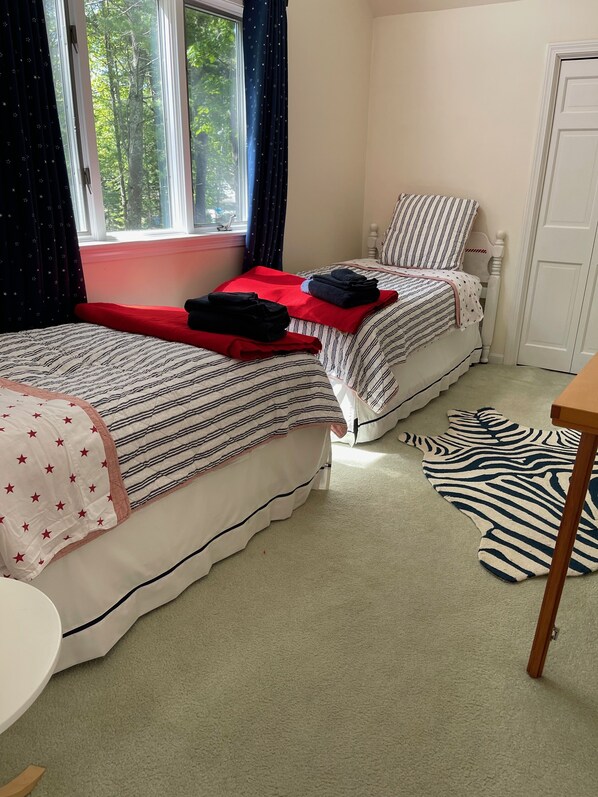 Een kamer met twee bedden, een raam met gordijnen, een tapijt met luipaardprint en een witte deur.