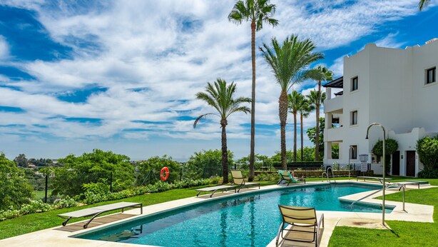 A swimming pool with lounge chairs, palm trees, and a white building in the background.