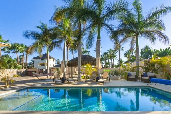 A swimming pool with lounge chairs and palm trees.