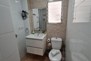 Ducha, secador de pelo, toallas y papel higiénico