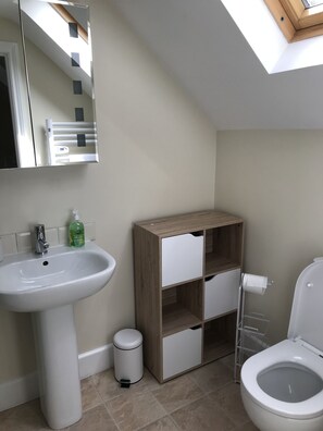 Ein modernes Badezimmer mit einem Standwaschbecken, einer Toilette und einem Holzregal.