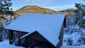 Una cabaña con techo inclinado, rodeada de árboles cubiertos de nieve y una montaña al fondo.