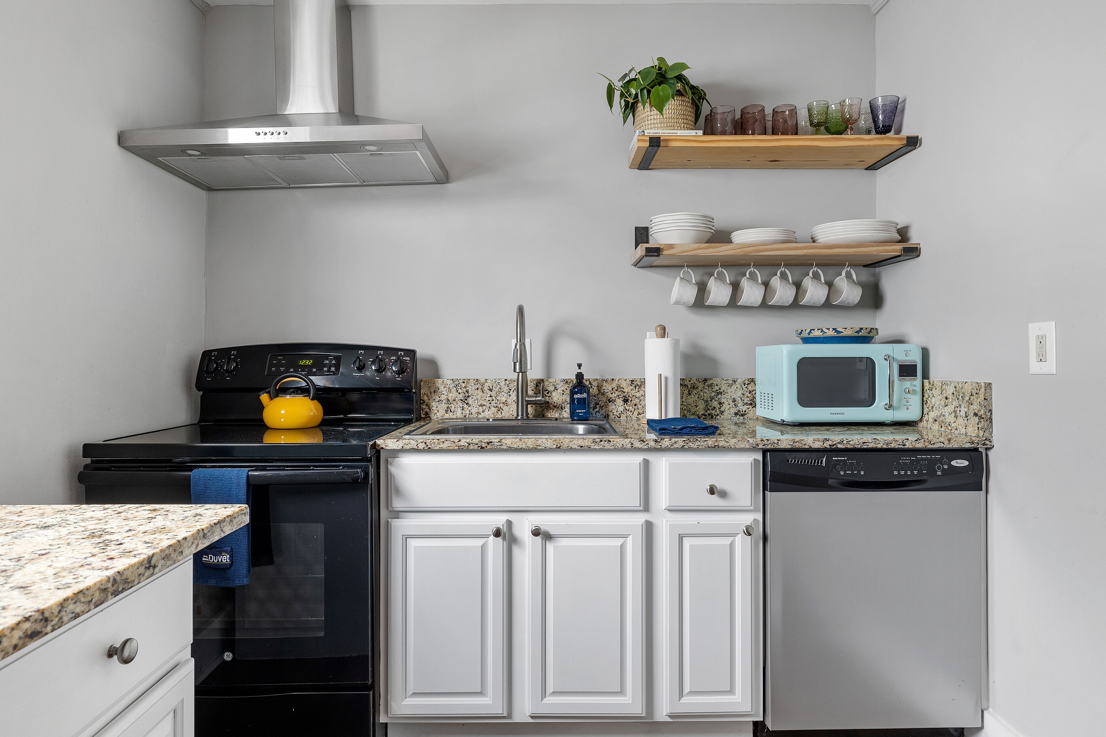 Una cucina con piano cottura, forno a microonde, lavello, pensili e lavastoviglie.