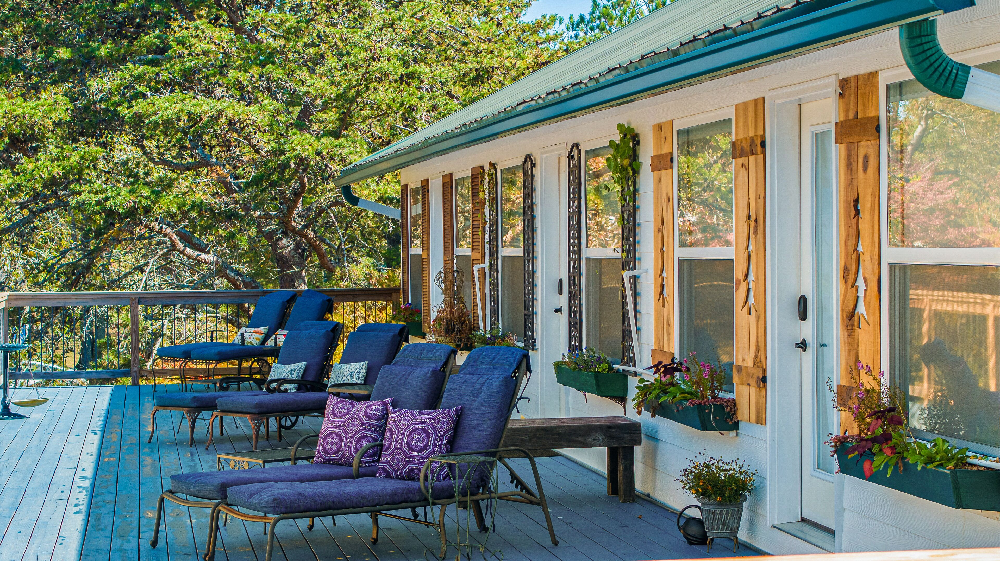 A covered deck with lounge chairs and planters.