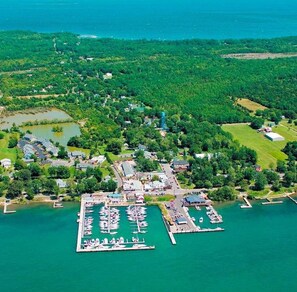 An aerial view of a marina with boats docked, surrounded by lush greenery and residential buildings.