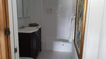 Combined shower/tub, hair dryer, towels, soap