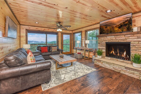 Smart TV, fireplace, video games, DVD player