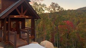 Una cabaña de madera con un porche y un letrero que dice "Pine Top Vista".