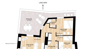 A second-floor apartment layout with a terrace, living room, kitchen, two bedrooms, two bathrooms, and air conditioning. - Lake-view apartment Alloro (Gardone Riviera)
