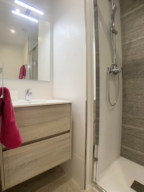 Shower, hair dryer, towels