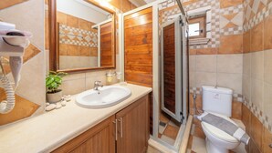 A bathroom with a wooden vanity, a sink, a mirror, a shower, and a toilet.