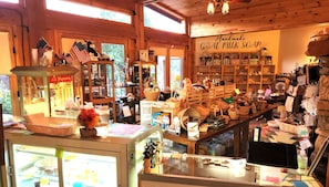 Handmade soaps and baked goods on display in this charming shop.