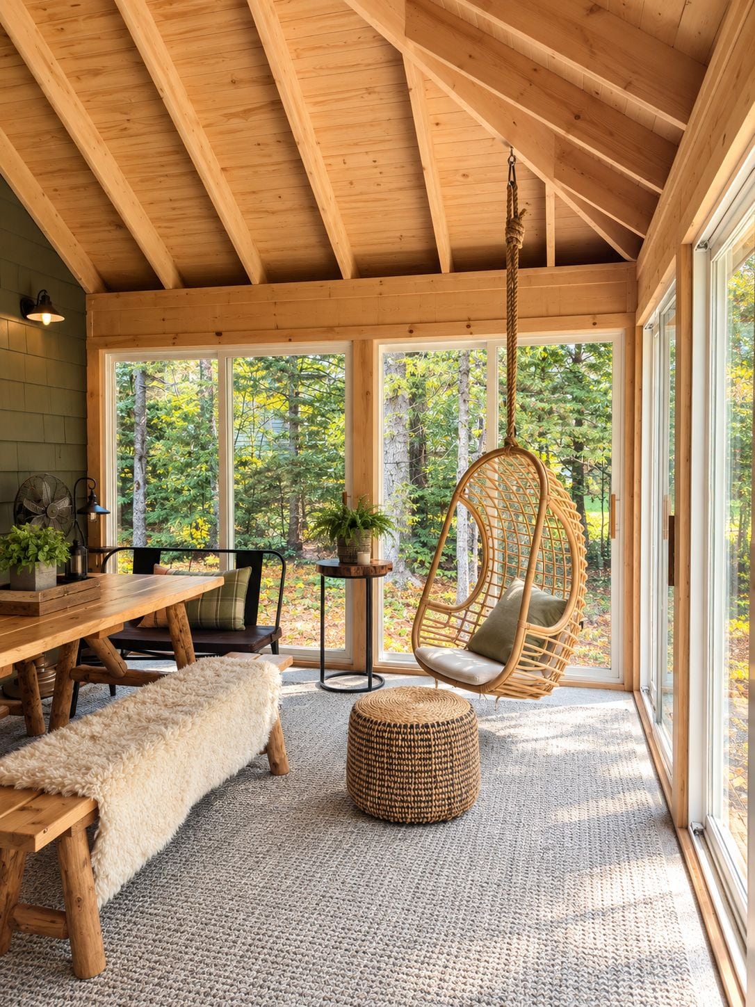 A wooden interior with a hanging chair, a bench, a table, and a potted plant.