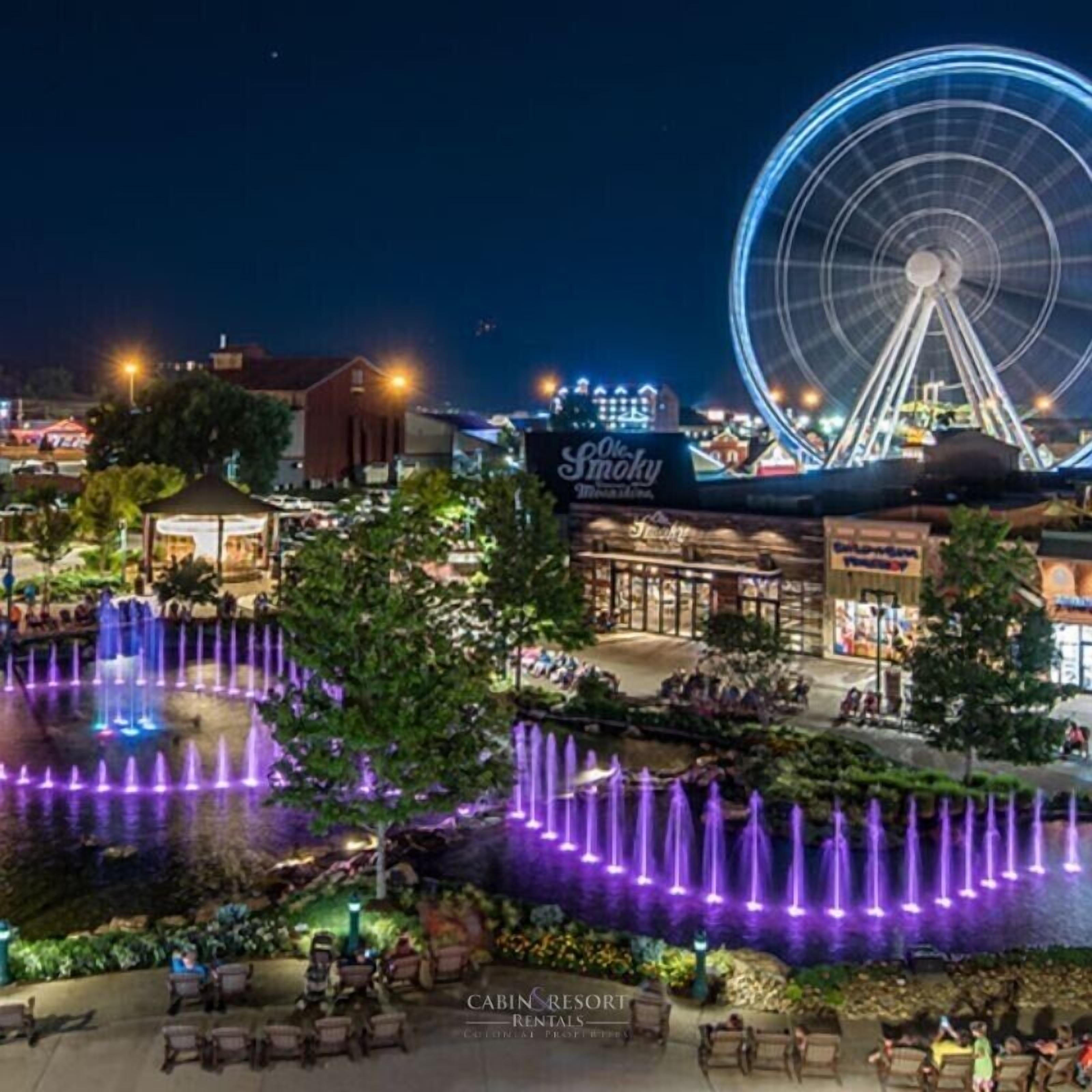 Ein Nachtblick auf ein Ufergebiet mit einem großen Riesenrad, einer Wasserspielen-Vorführung und einem Gebäude mit der Aufschrift 'Ole Smoky'.