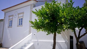 A white building with a staircase and a tree in front.