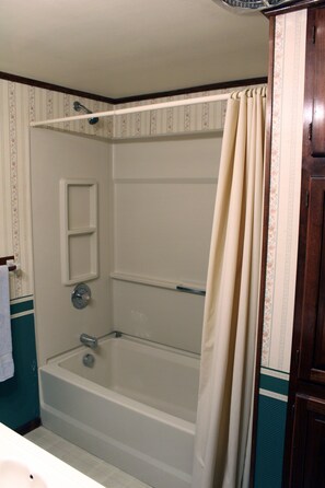 Combined shower/bathtub, towels, toilet paper