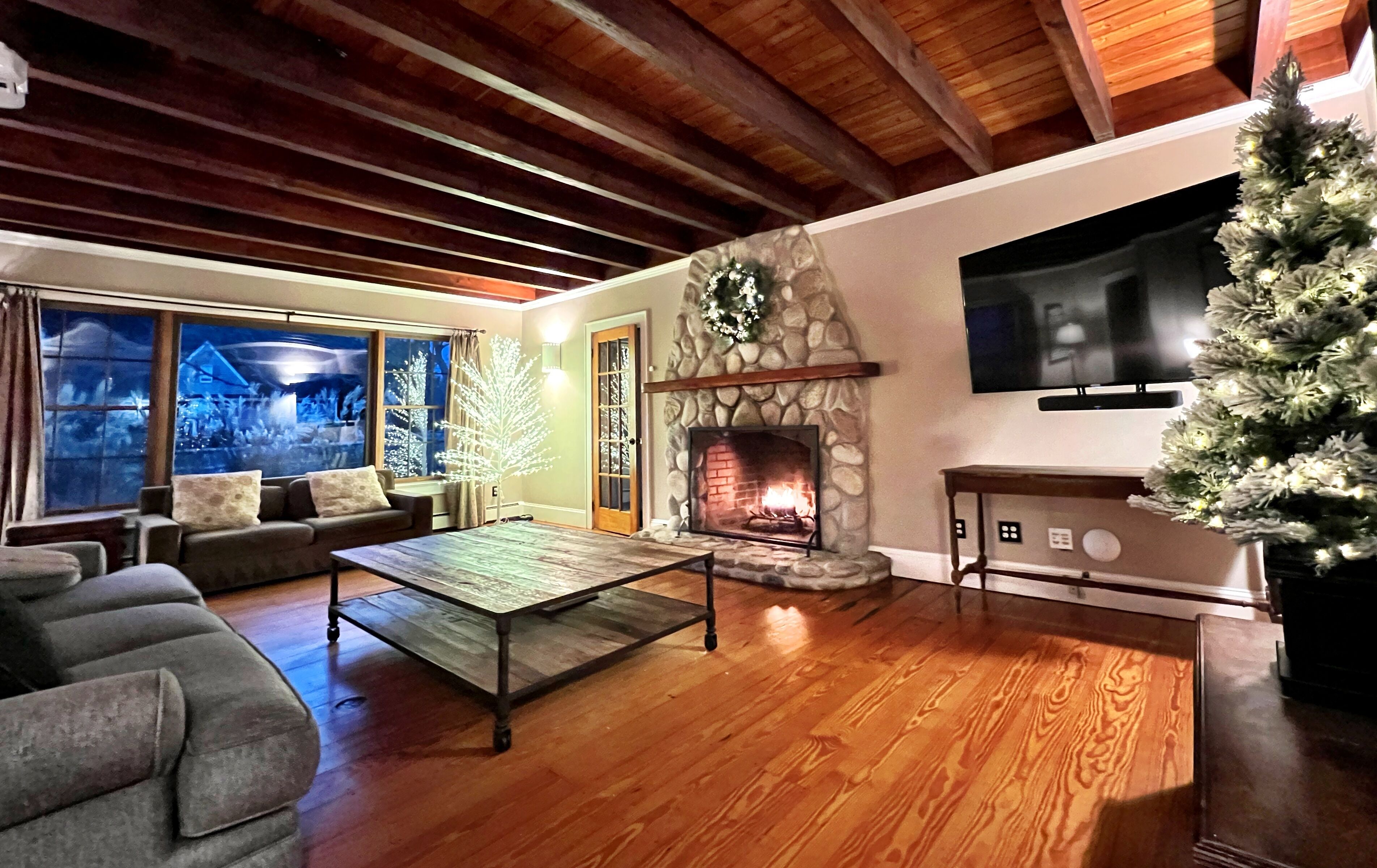 TV, fireplace, books, music library