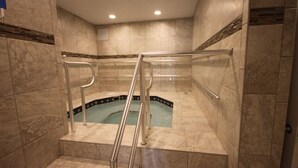 A walk-in spa with a hot tub, marble walls, and metal railings.