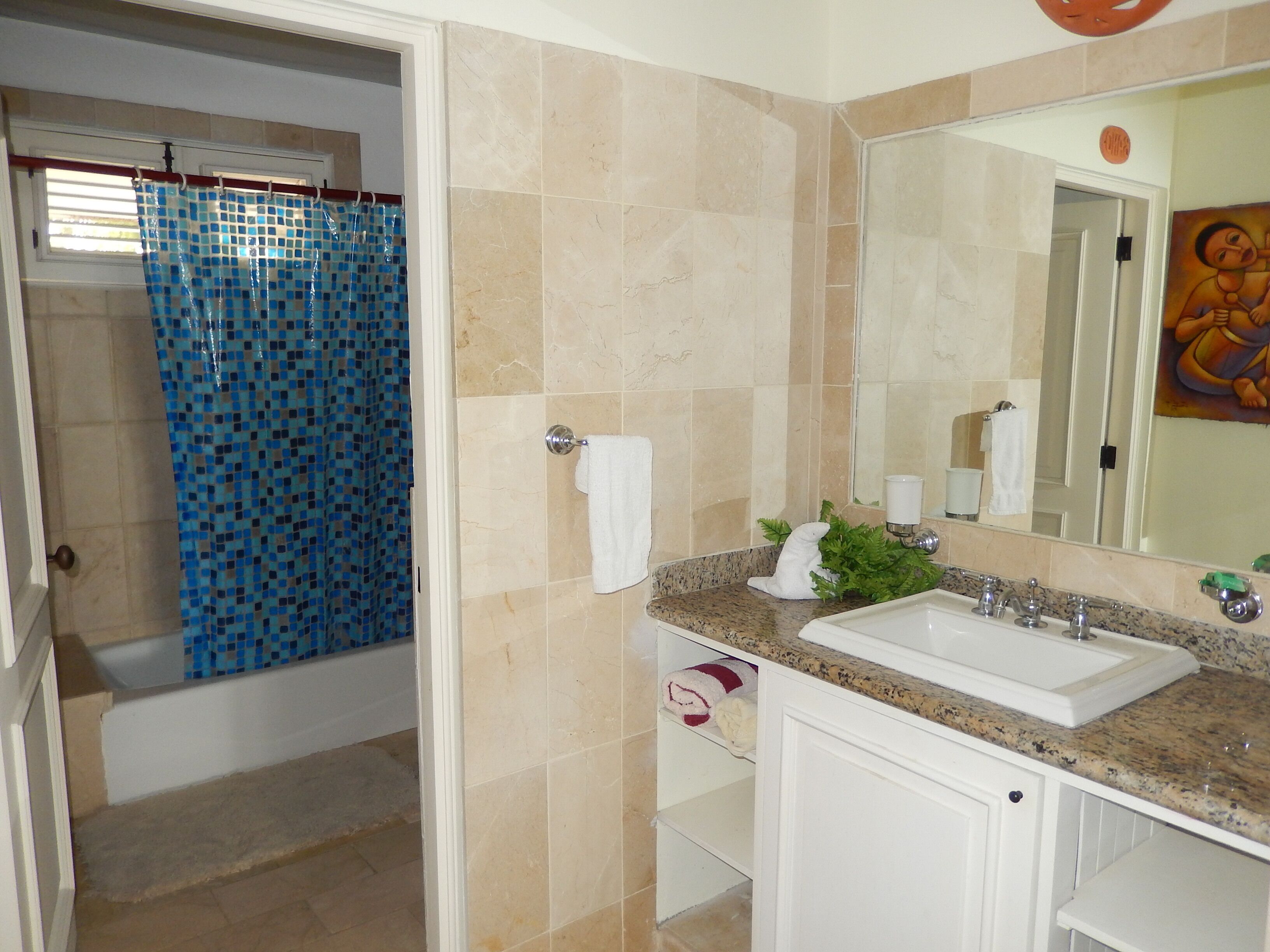 A bathroom with a sink, mirror, and shower curtain.