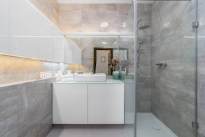 Shower, free toiletries, hair dryer, towels