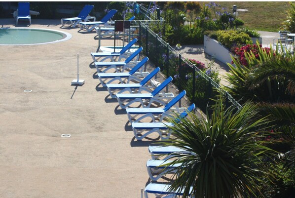 Zona junto a la piscina con tumbonas dispuestas en filas, piscina y vegetación circundante.